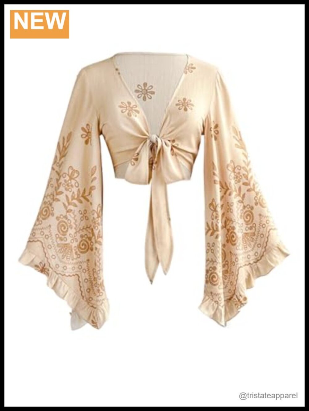 Boho Floral Crop Top Tie Front Bell Sleeve